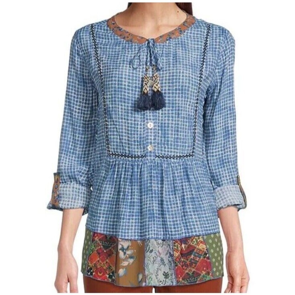 John Mark 3/4 Roll Tab Sleeve Beaded Tassel Tie Banded Top Tiered Mix Print Top‌